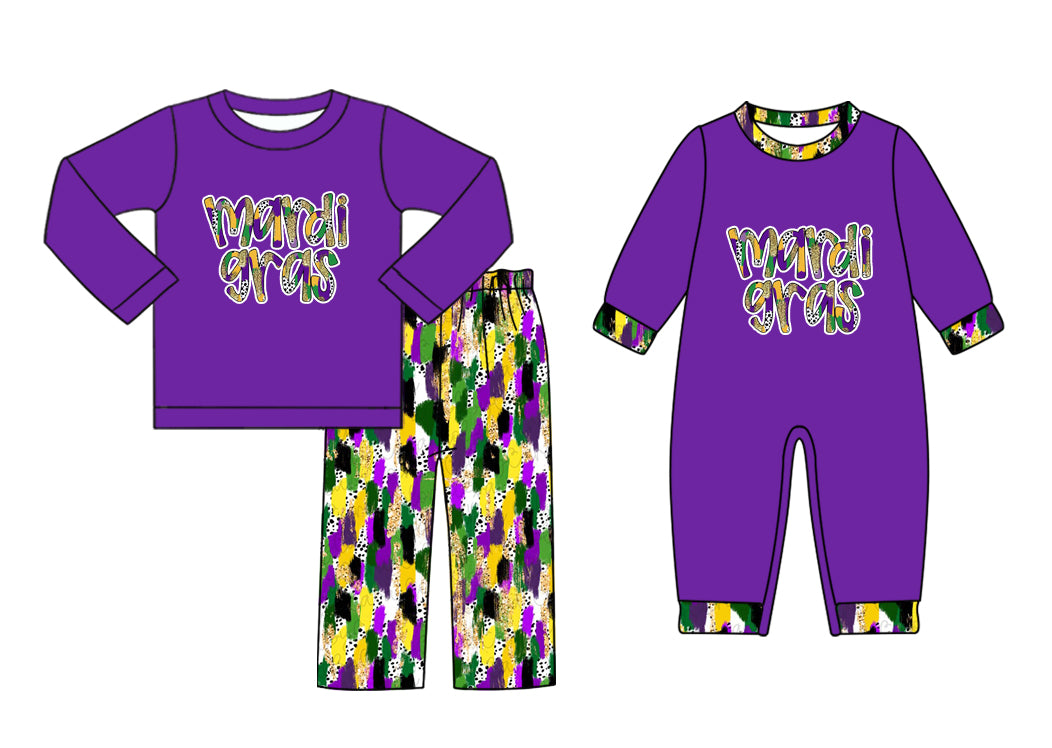 25.9.12 custom each style moq 5eta 6-8week Sibling Sisters mardi gras purple baby boy clothes long sleeve pants sets and romper match family design