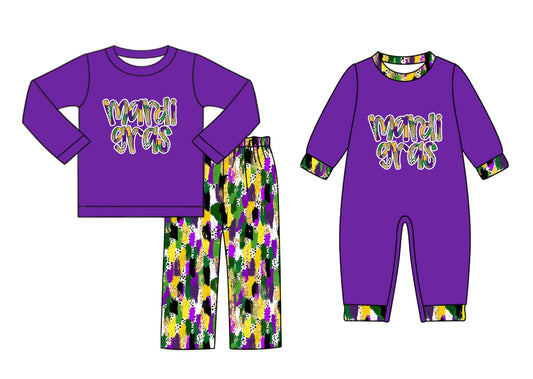 25.9.12 custom each style moq 5eta 6-8week Sibling Sisters mardi gras purple baby boy clothes long sleeve pants sets and romper match family design