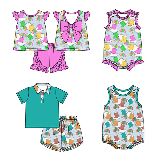 2.10 custom each style moq 5eta 4-6week Sibling Sister baby girl short sleeve shorts sets and sets 2 and boy romper and girl romper match design