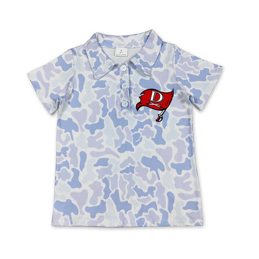 Custom moq 5 mix size milk silk summer teams Infant Boys Southern Light Blue Camo Short Sleeve Button Polo Top