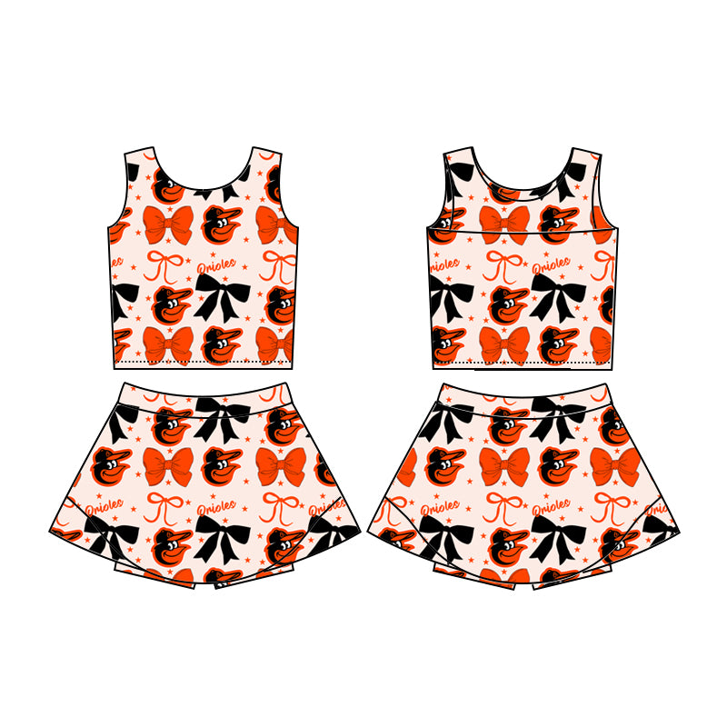 Custom moq 5 mix sizes summer teams baby girls clothes team bow orange sleeveless skirts shorts sets-25.6.20