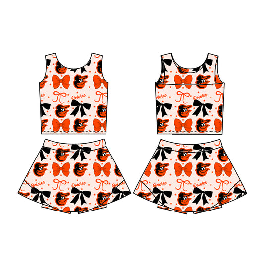 Custom moq 5 mix sizes summer teams baby girls clothes team bow orange sleeveless skirts shorts sets-25.6.20