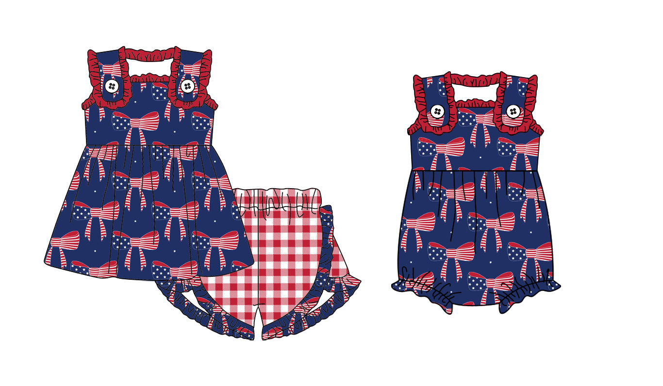 11.22 custom each style moq 5eta 4-6week Sibling Sister 4th of july bow baby boy short sleeve shorts sets and rompers match design