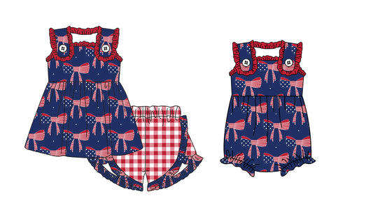 11.22 custom each style moq 5eta 4-6week Sibling Sister 4th of july bow baby boy short sleeve shorts sets and rompers match design