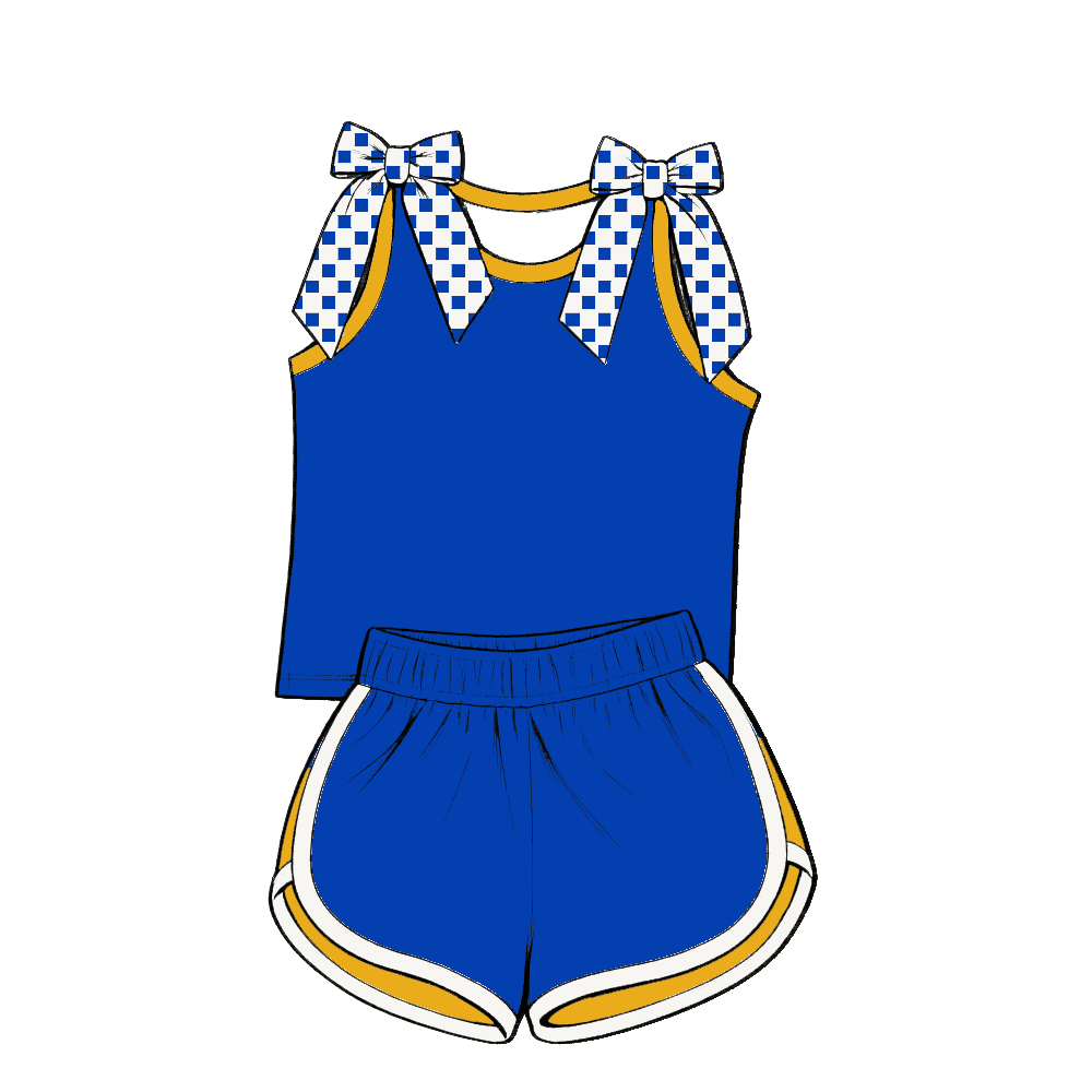 custom moq 5 mix size Baby Girls Bow Sleeveless Blue Top Shorts Summer Casual Clothes Set