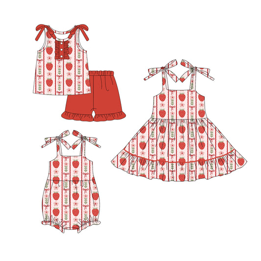 4.19 custom each style moq 5eta 4-6week Sibling Sisters strawberry bow floral baby girl short sleeve shorts sets and dress and rompers match family design