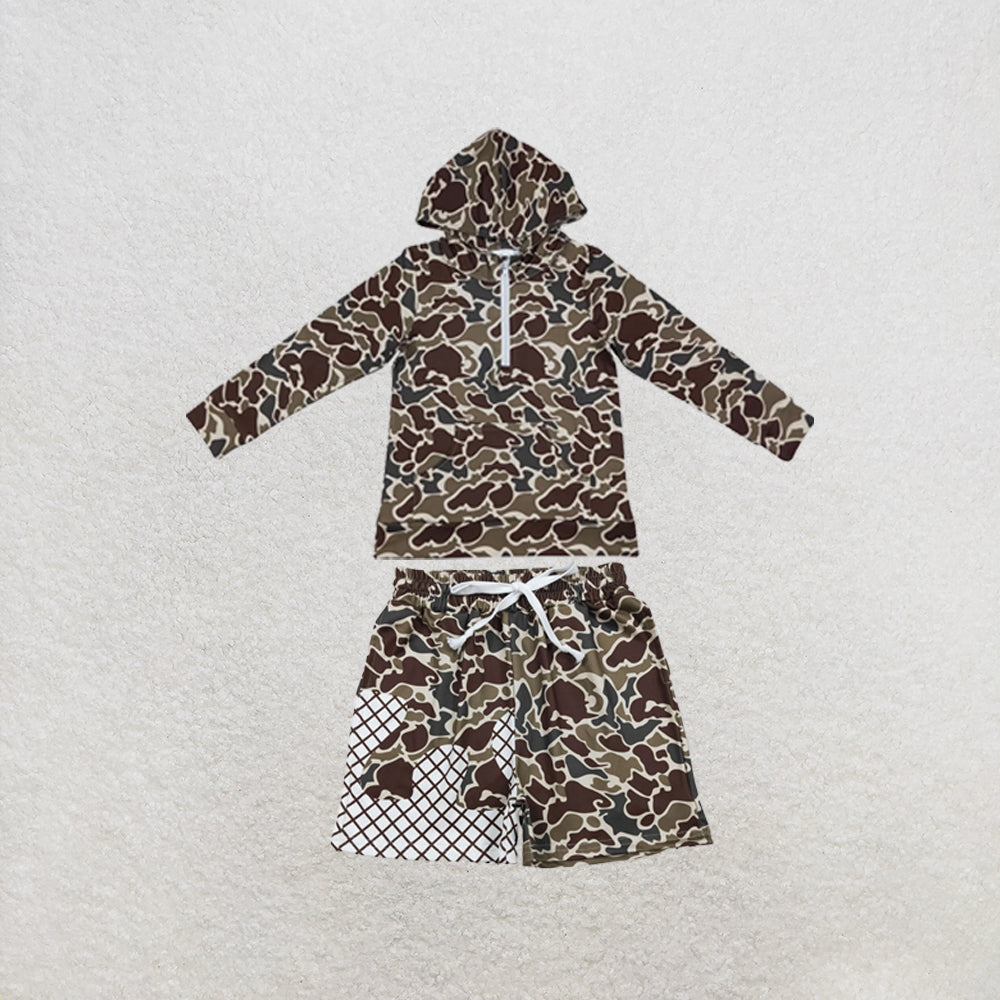 RTS NO MOQ Sibling milk silk Baby Boys Dark Khaki Camo Long Sleeve Hoodies Top Pocket Short Clothes Set