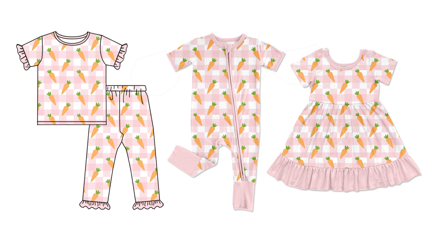 25.9.26 custom each style moq 8 eta 6-8week Sibling Sisters carrot baby girl short sleeve pants sets and dress and rompers match family design