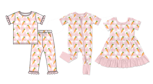 25.9.26 custom each style moq 8 eta 6-8week Sibling Sisters carrot baby girl short sleeve pants sets and dress and rompers match family design