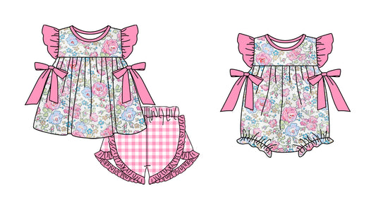 11.3 custom each style moq 5eta 4-6week Sibling Sister floral pink baby girl short sleeve shorts sets and rompers match design