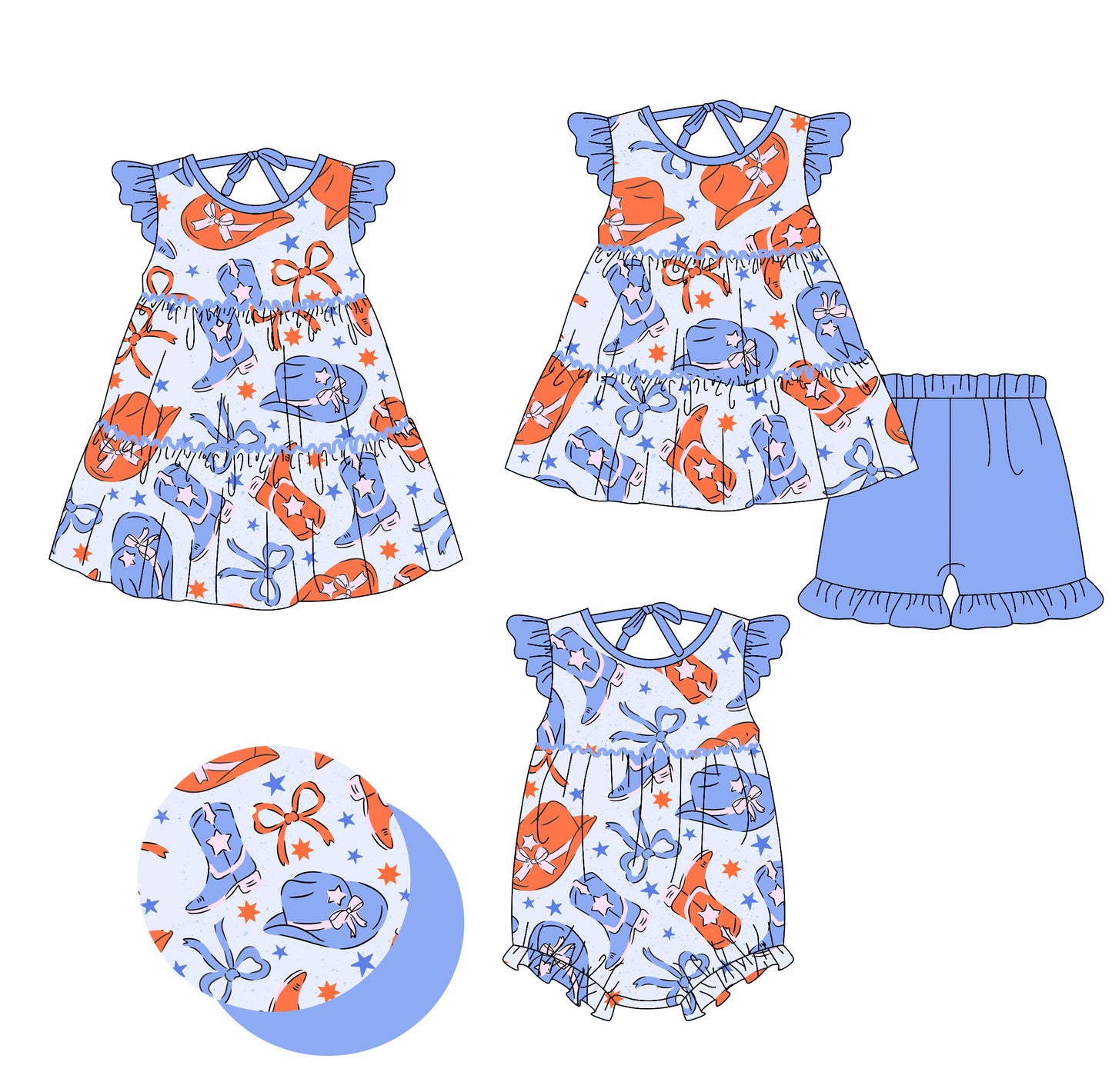 2.19 custom each style moq 5eta 4-6week Sibling Sisters hat boots bow baby girl short sleeve shorts sets and dress and rompers match family design
