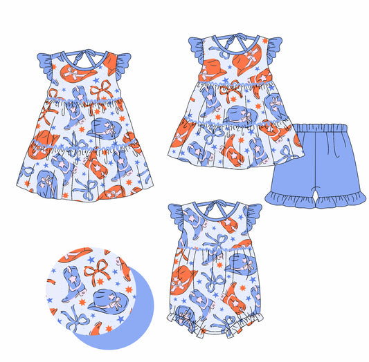 2.19 custom each style moq 5eta 4-6week Sibling Sisters hat boots bow baby girl short sleeve shorts sets and dress and rompers match family design