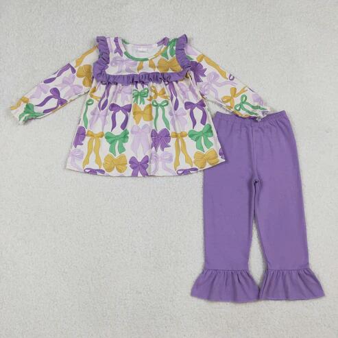 RTS NO MOQ Sibling Baby Girls Mardi Gras Bow Leopard Print Tunic Ruffle Pants Outfit Set for Infants