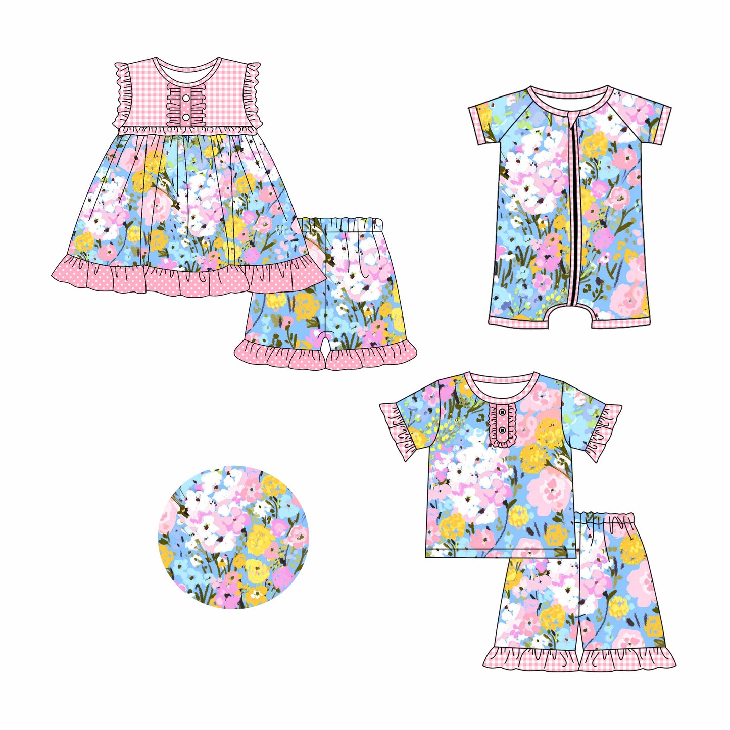 2.26 custom each style moq 5eta 4-6week Sibling Sister floral baby girl short sleeve shorts sets and sets 2 and boy romper match design