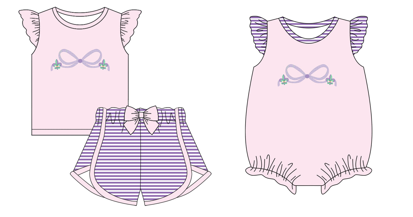 12.3 custom each style moq 5eta 4-6week Sibling Sister mardi gras bow baby girl short sleeve shorts sets and rompers match design