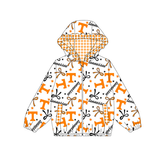 Custom moq 5 mix size milk silk summer teams baby girls clothes lace bow orange hooded long sleeve top-25.9.2