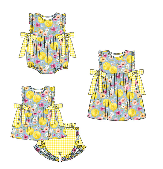 12.12 custom each style moq 5eta 4-6week Sibling Sister balloon floral yellow baby girl short sleeve shorts sets and dress and rompers match family design