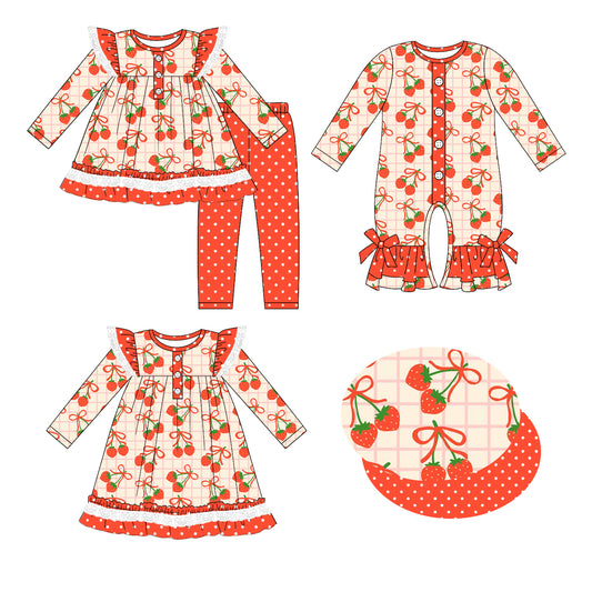 25.5.20 custom each style moq 5eta 4-6week Sibling Sisters strawberry bow baby girl long sleeve pants sets and dress and rompers match family design