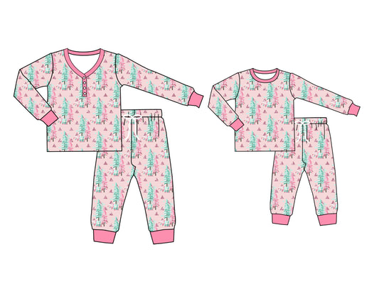 25.6.10 custom each style moq 5eta 4-6week Sibling Sister Christmas trees pink long sleeve pants sets and adult sets match design