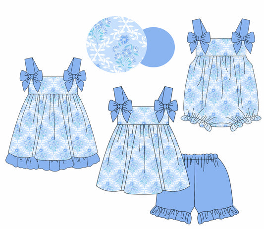 3.31 custom each style moq 5eta 4-6week Sibling Sisters floral baby girl short sleeve shorts sets and dress and rompers match family design