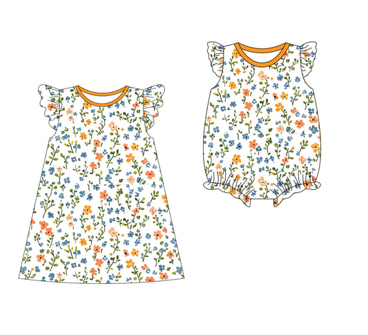 3.10 custom each style moq 5eta 4-6week Sibling Sister floral baby girl short sleeve dress and rompers match family design