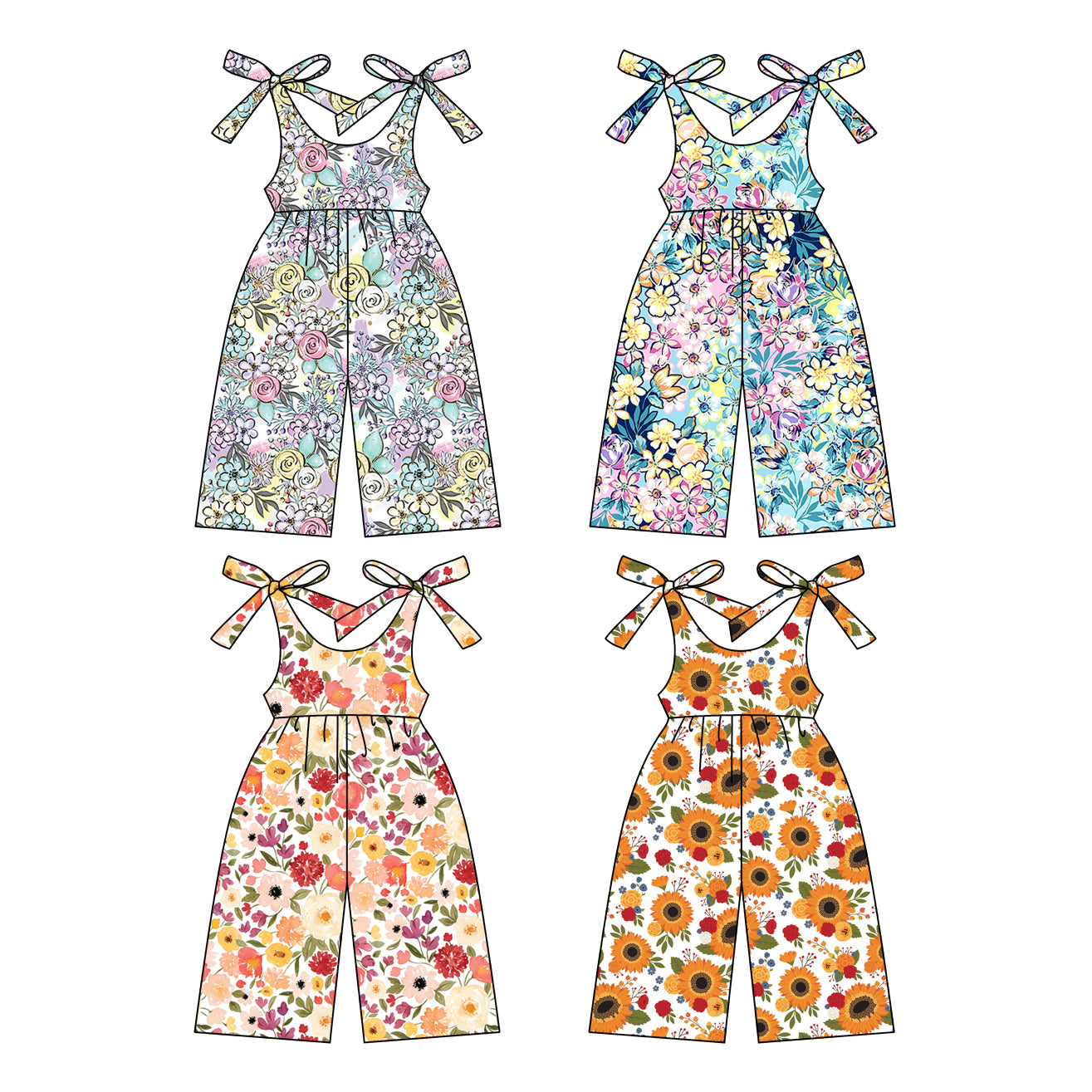12.20 custom each style moq 5eta 4-6week Sibling Sister floral baby suspender jumpsuit 1 and jumpsuit 2 and jumpsuit 3 and jumpsuit 4 match design