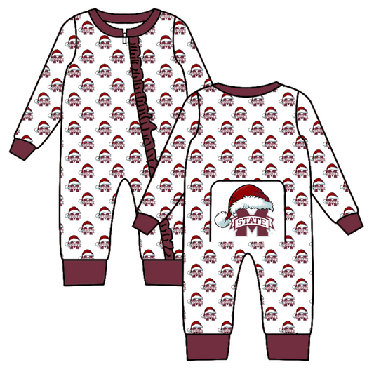 Custom moq 5 eta 6-8weeks   Christmas Hat M Team Maroon long sleeve girls romper