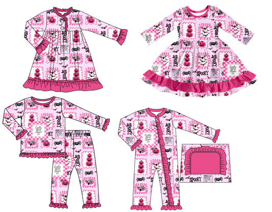 25.7.10 custom each style moq 5 eta 4-6week Sibling Sisters pink baby girl long sleeve pants sets and romper and dress 1 and dress 2 match family design