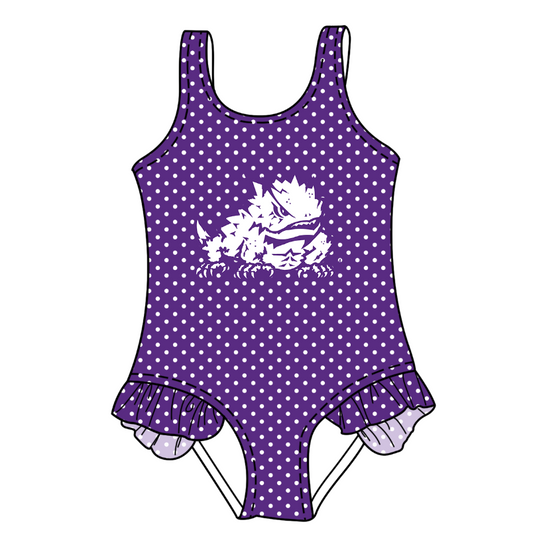 Custom moq 5 mix size milk silk summer teams Purple  Baby Girl Sleeveless Polka Dot Lace Onesie Swimsuit Cute Summer Beachwear for Little Girls