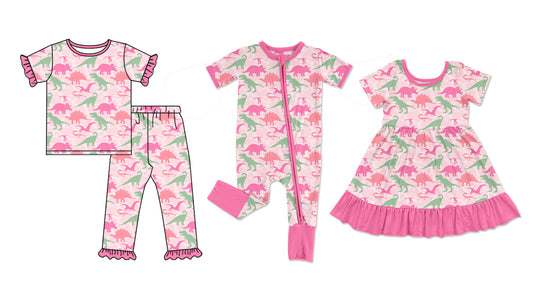 25.5.24 custom each style moq 5eta 4-6week Sibling Sisters dinosaur baby girl short sleeve pants sets and dress and rompers match family design