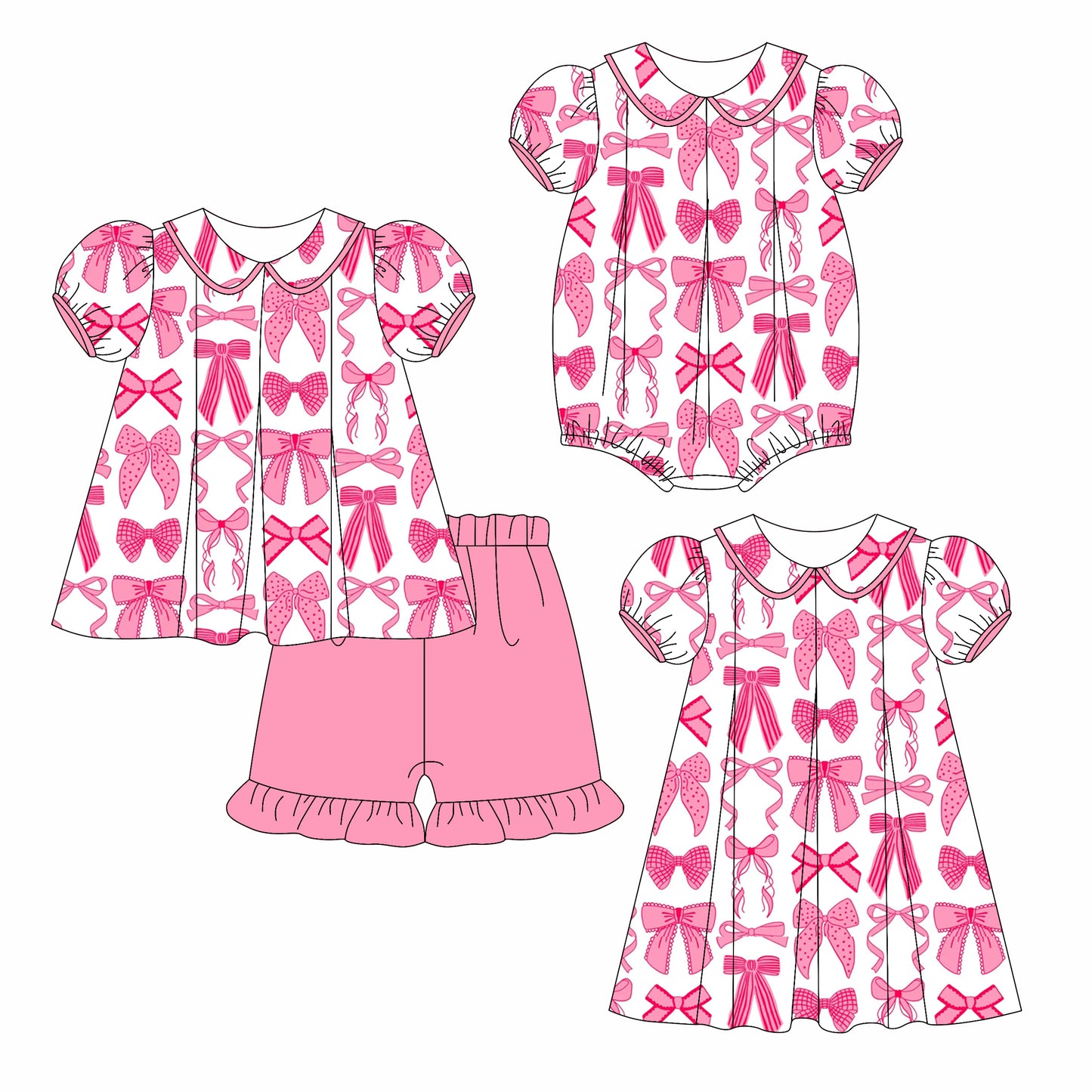 3.24 custom each style moq 5eta 4-6week Sibling Sisters bow baby girl short sleeve shorts sets and dress and rompers match family design
