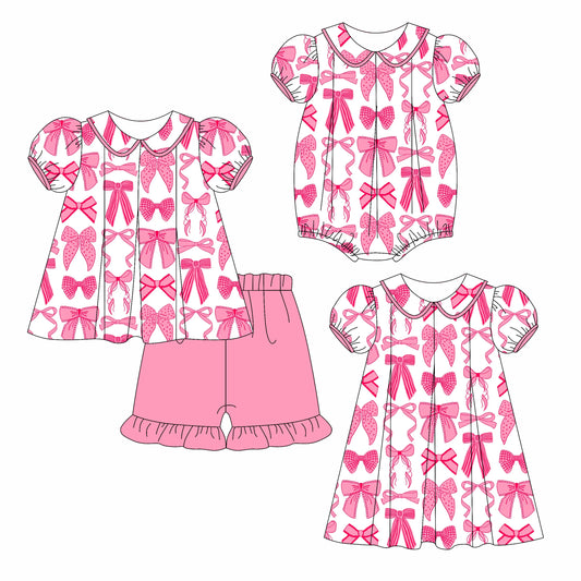 3.24 custom each style moq 5eta 4-6week Sibling Sisters bow baby girl short sleeve shorts sets and dress and rompers match family design