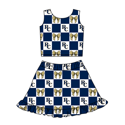 Custom moq 3 or 5 mix size milk silk summer teams baby girl clothes bow blue sleeveless skirts sets