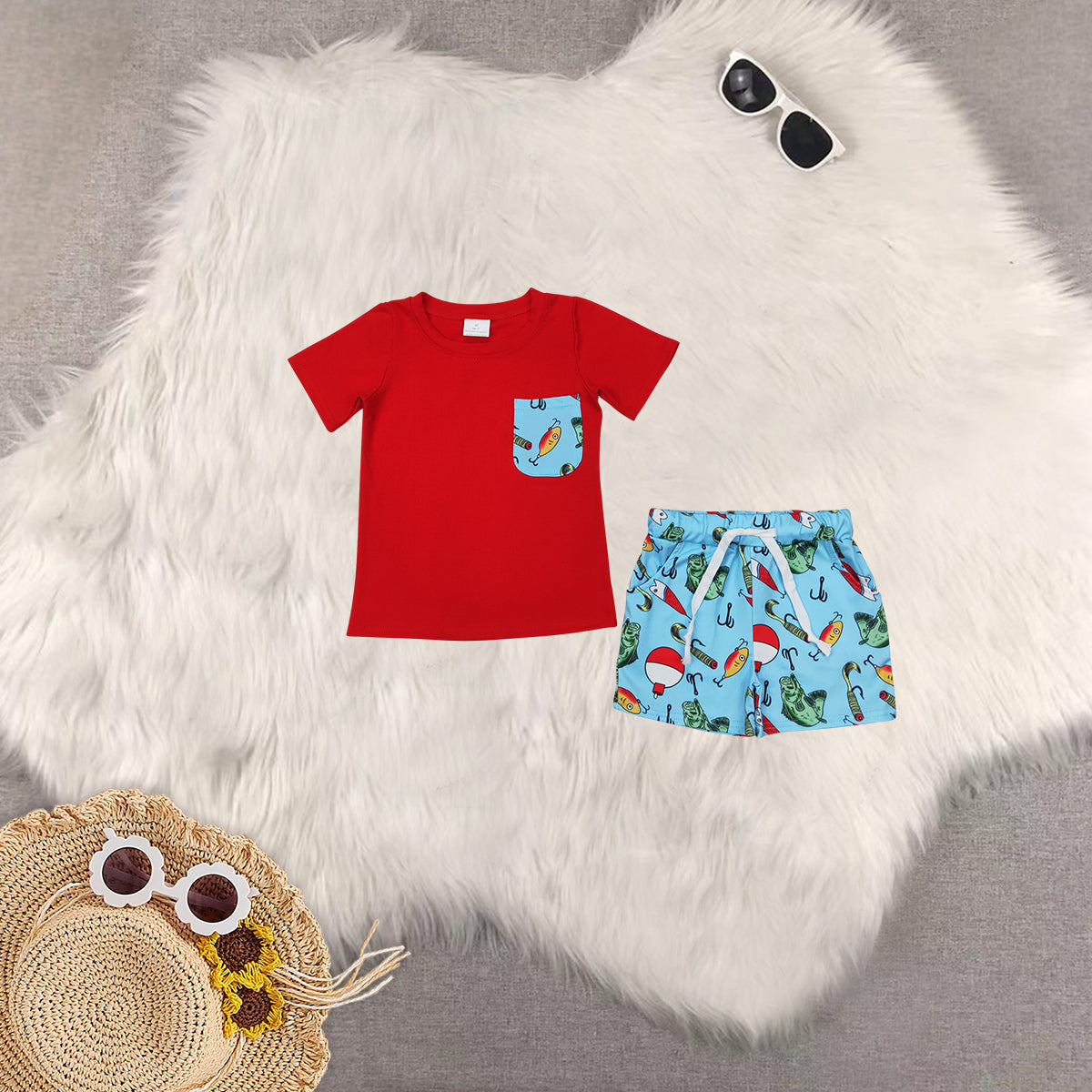 RTS Boys and girls fishing Short Sleeve Shorts sets dress romper tops