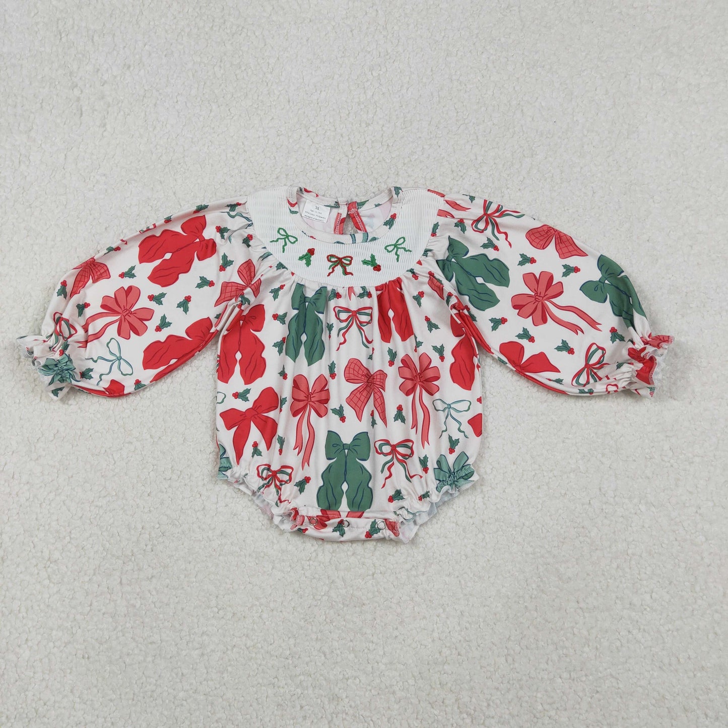 RTS NO MOQ（In Stock) LR2217 Embroidered Christmas smocked red and green bow pattern long-sleeved bodysuit