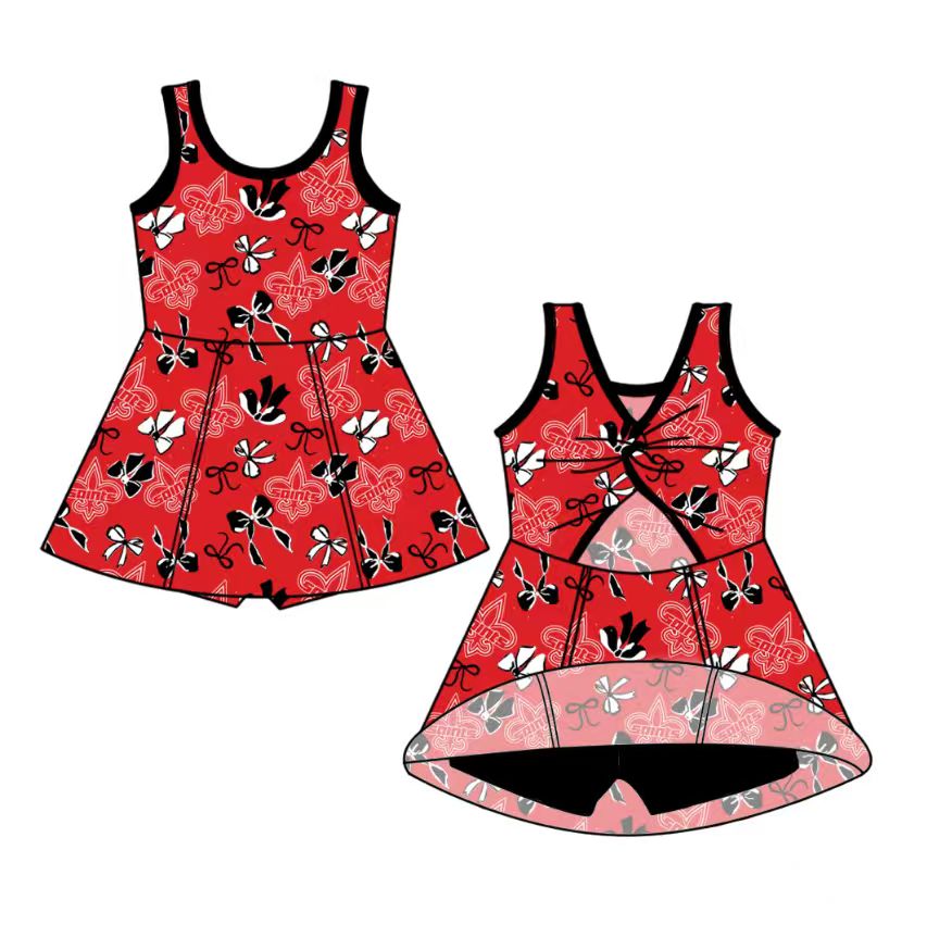 custom moq 5 mix size NB020624 Baby Girls Bow Printed Team Sleeveless Knee Skort Dresses Yoga Active Outfits