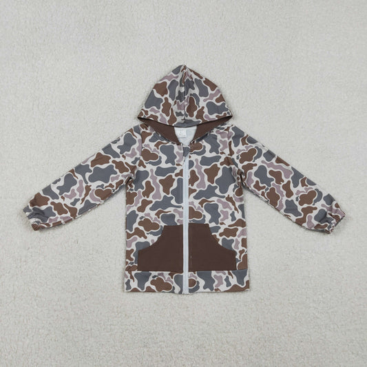RTS NO MOQ（In Stock) BT1376 Camouflage Brown Pocket Hooded Zipper Long-Sleeved Top