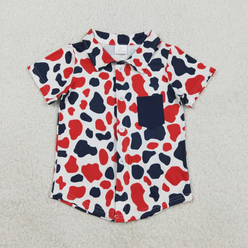 RTS NO MOQ Sibling Baby Boys 4th of July Clothes Set Red Blue Cow Print Button Tops Shorts Rompers for Boys