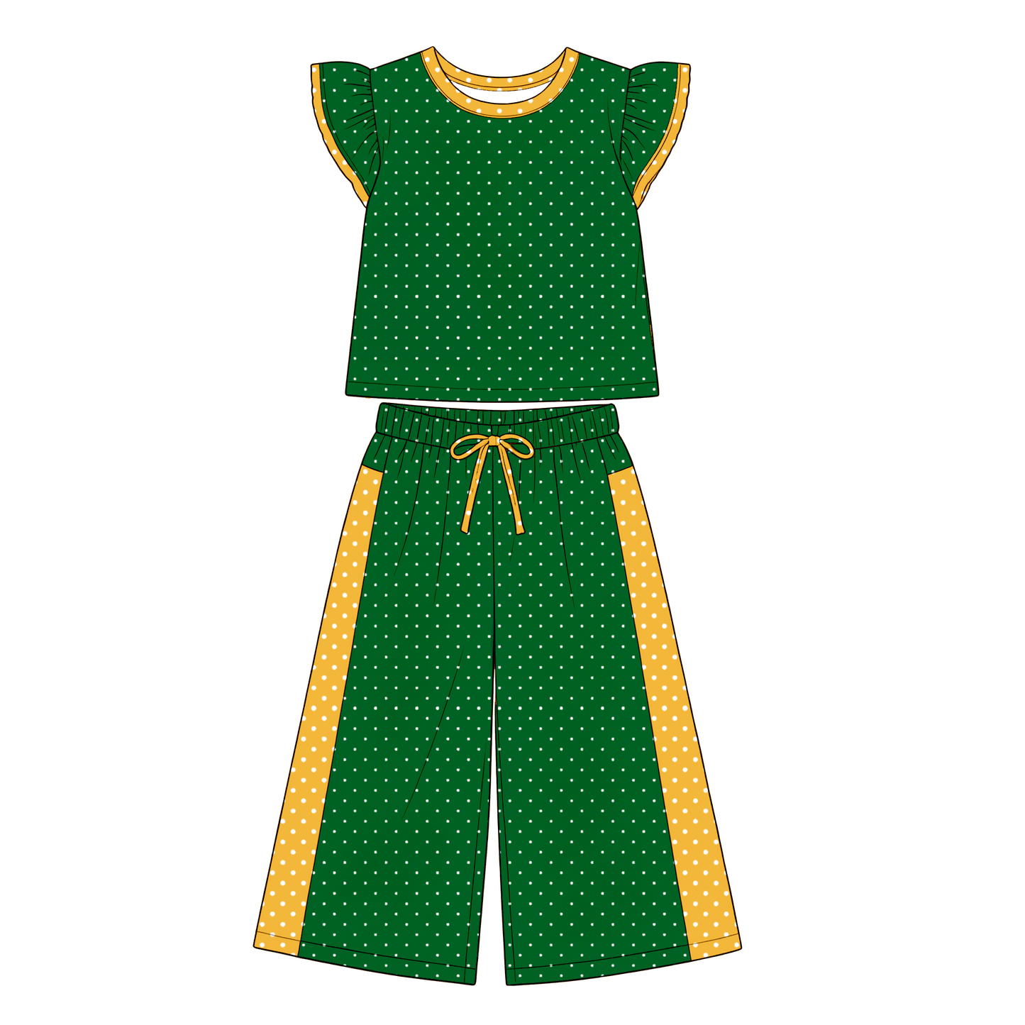 custom moq 5 mix size LHGNDN0101 Baby Girls Cute Polka Dot Print Flutter Sleeve Top Bell Bottom Flare Pants Team Set