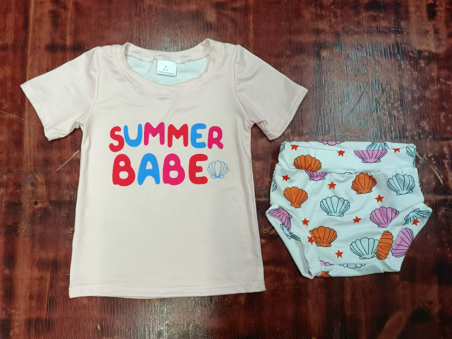 Custom moq 3 eta 6-7weeks  Lotus pink letter short-sleeved shirt-white shell thong set