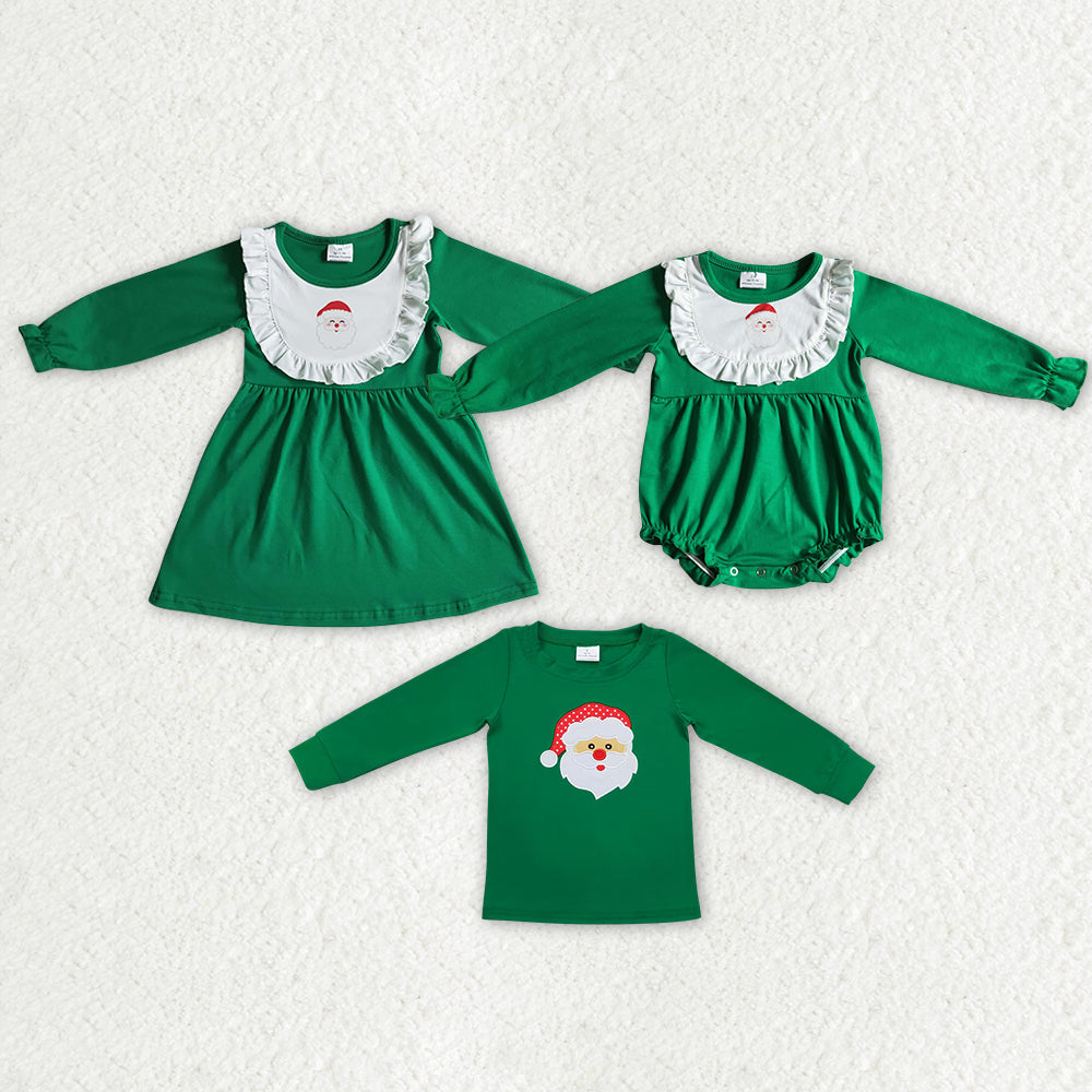 RTS NO MOQ Santa Claus Print White Pleated Round Neck Green Long Sleeve Dress & Romper & Top