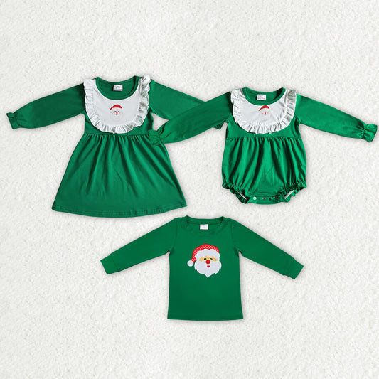 RTS NO MOQ Santa Claus Print White Pleated Round Neck Green Long Sleeve Dress & Romper & Top