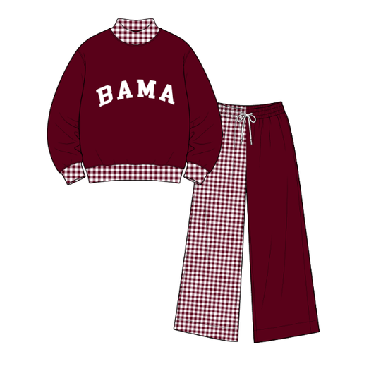 custom moq 5 mix size JEPN0102 Adult And Kids Maroon Letter Print Long Sleeve Top Matching Checked Patchwork Pant Two Piece Set
