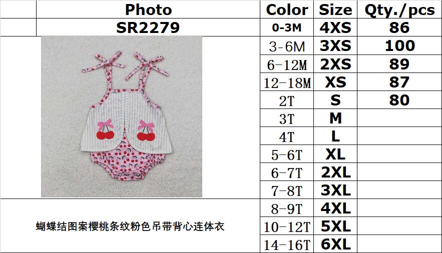 RTS NO MOQ SR2279 Bow pattern cherry stripe pink camisole jumpsuit