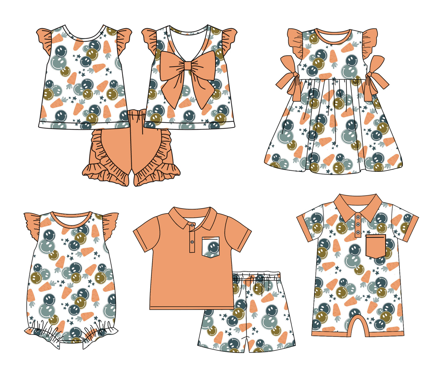 11.13 custom each style moq 5eta 4-6week Sibling Sister smiley baby girl short sleeve shorts sets and sets 2 and girls romper and boy romper and dress match design