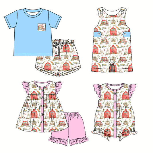 3.19 custom each style moq 5eta 4-6week Sibling Sister farm baby girl short sleeve shorts sets and sets 2 and boy romper and girl romper match design