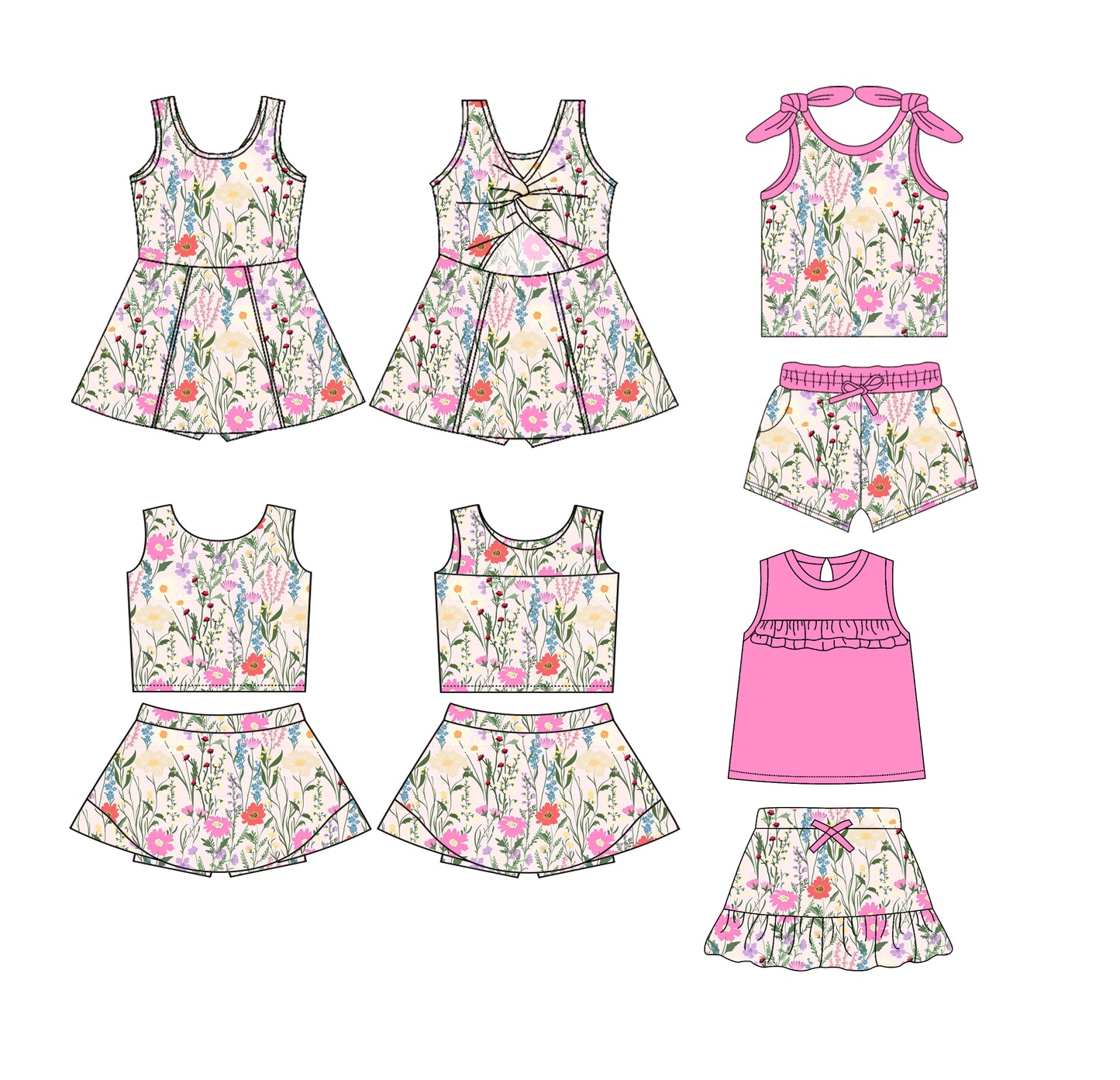 3.22 custom each style moq 5eta 4-6week Sibling Sister floral baby girls clothes Short Sleeve shorts sets and dress and yoga dress 1 and dress 2 match family design