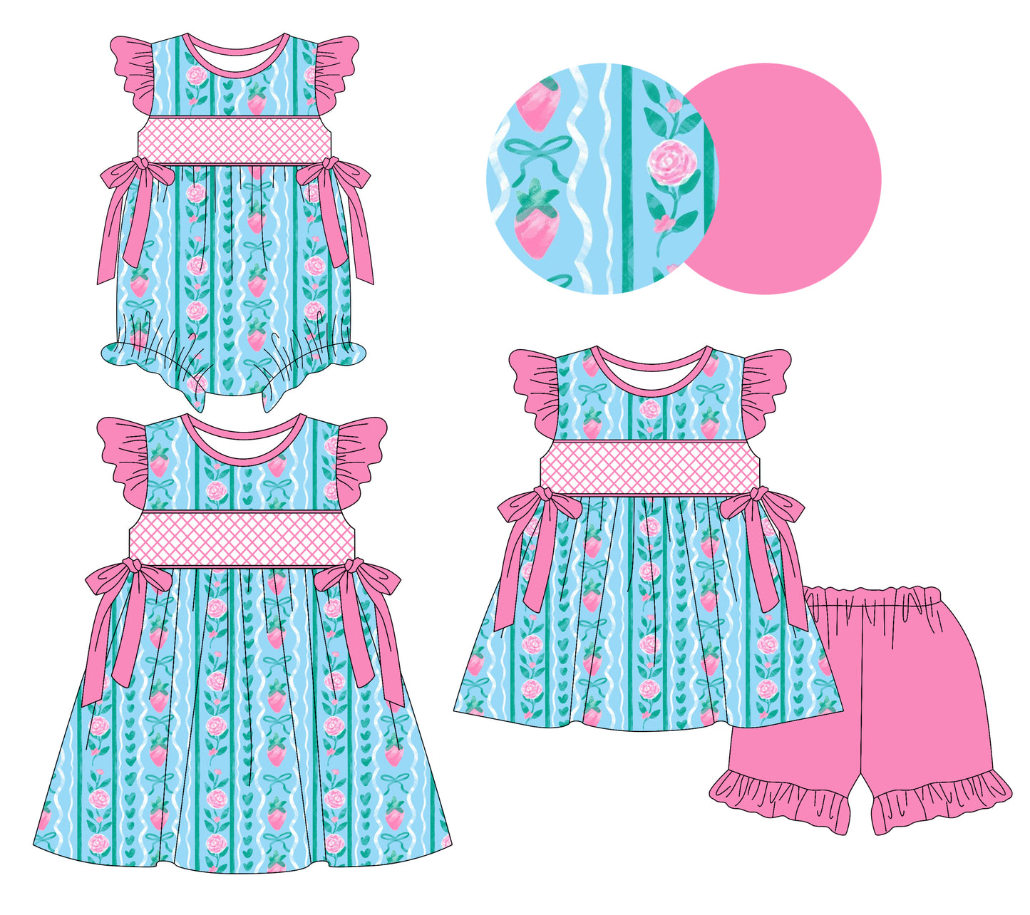 3.31 custom each style moq 5eta 4-6week Sibling Sisters bow floral strawberry baby girl short sleeve shorts sets and dress and rompers match family design