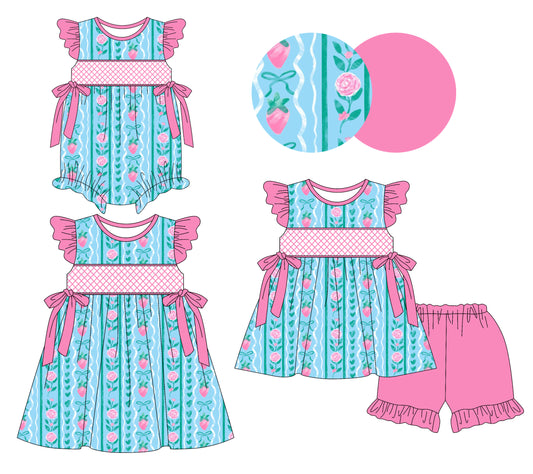 3.31 custom each style moq 5eta 4-6week Sibling Sisters bow floral strawberry baby girl short sleeve shorts sets and dress and rompers match family design