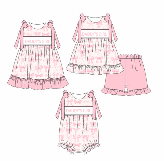 2.18 custom each style moq 5eta 4-6week Sibling Sisters DADDY GIRL bow baby girl short sleeve shorts sets and dress and rompers match family design